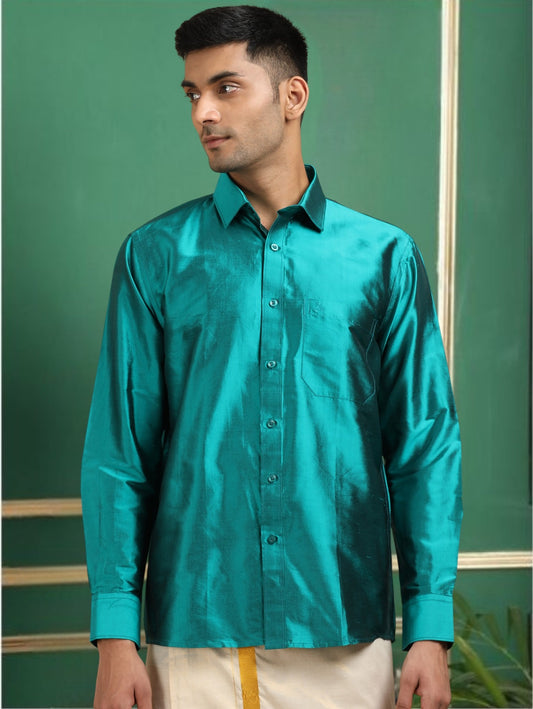 Tattva Men Sea Green Toned Pure Silk Shirt