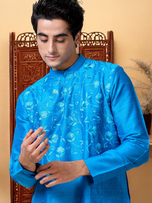 Tattva Men Embroidered Cotton Blend Asymmetric Kurta