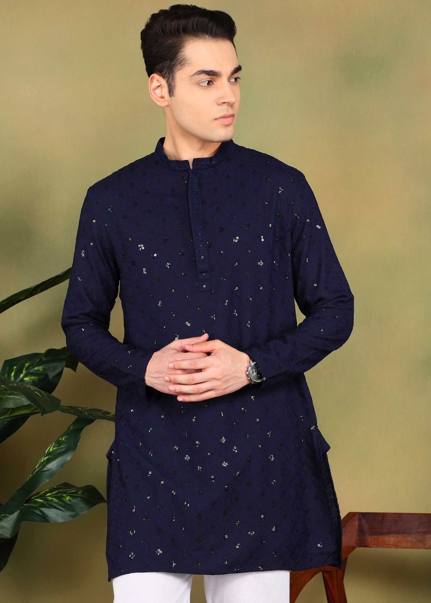 Tattva Men Navy Blue Short Kurta