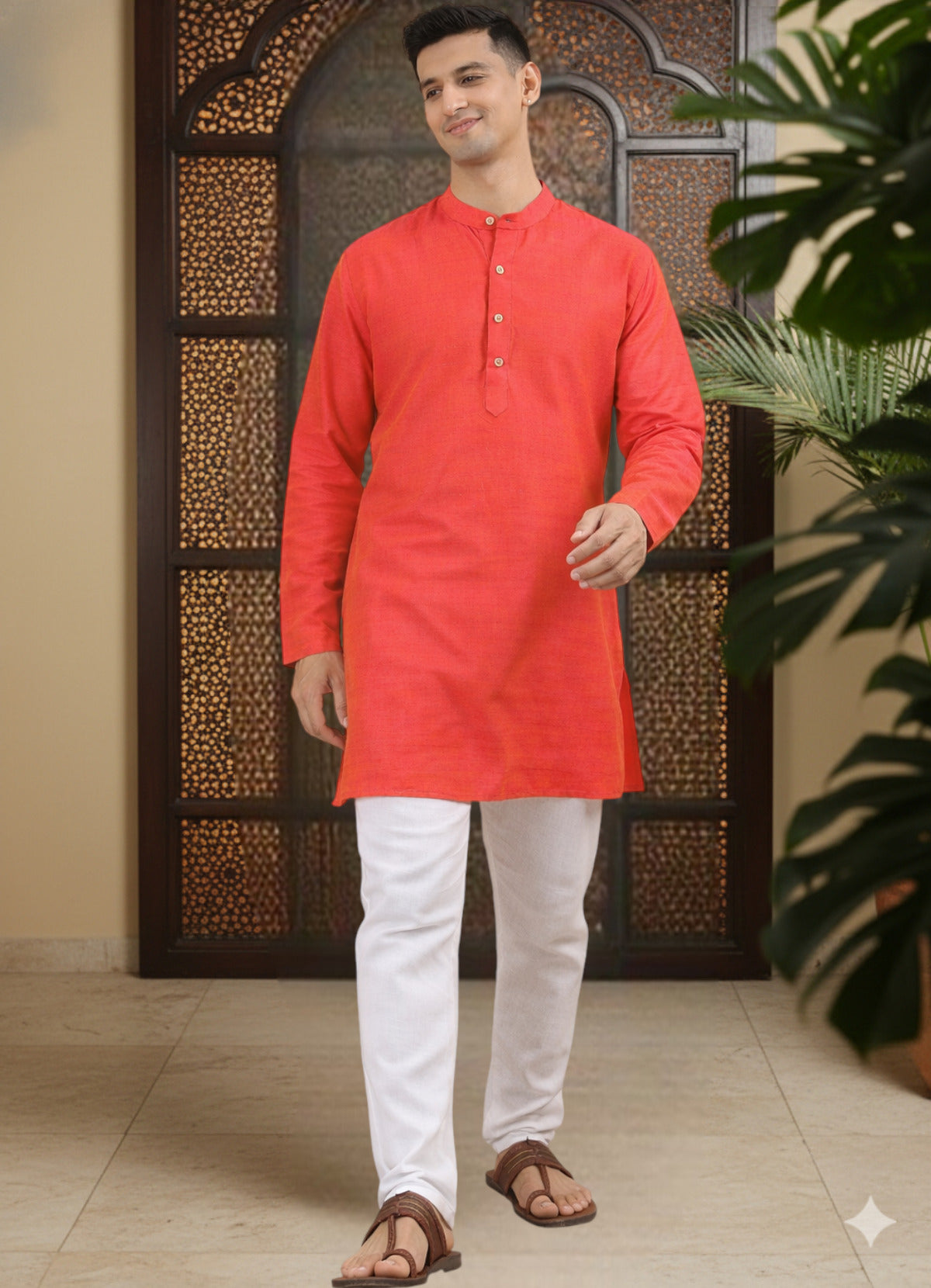 Tattva Men Solid Pure Cotton Short Kurta with Mandarin Collar