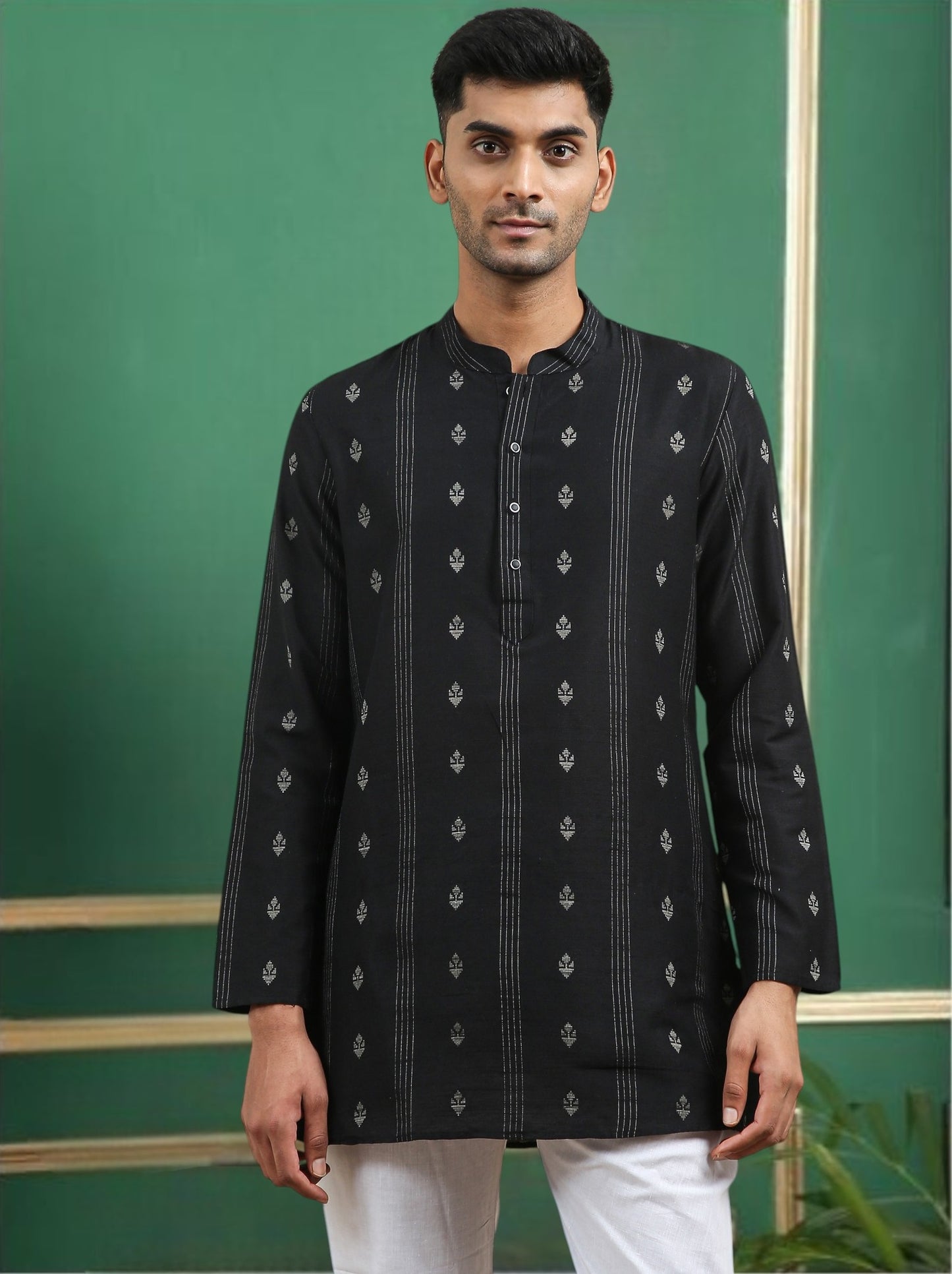 Tattva Black Toned Woven Design Cotton Short Kurta