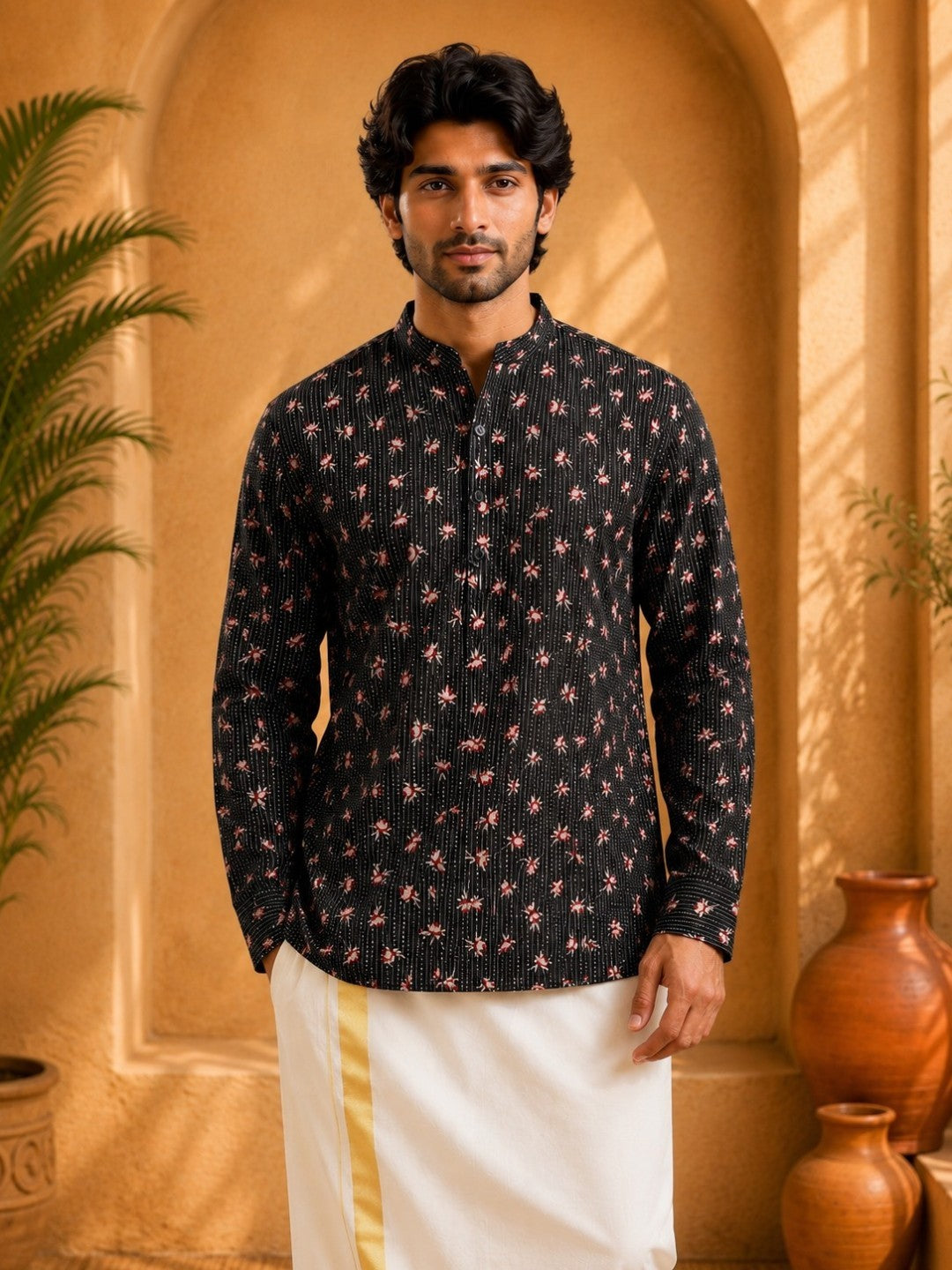 Tattva Men Floral Printed Woven Thread Super Short Kurta