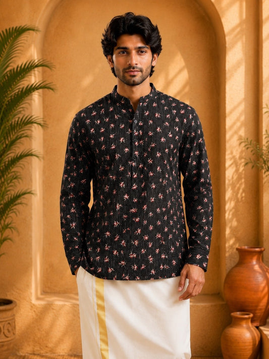 Tattva Men Floral Printed Woven Thread Super Short Kurta
