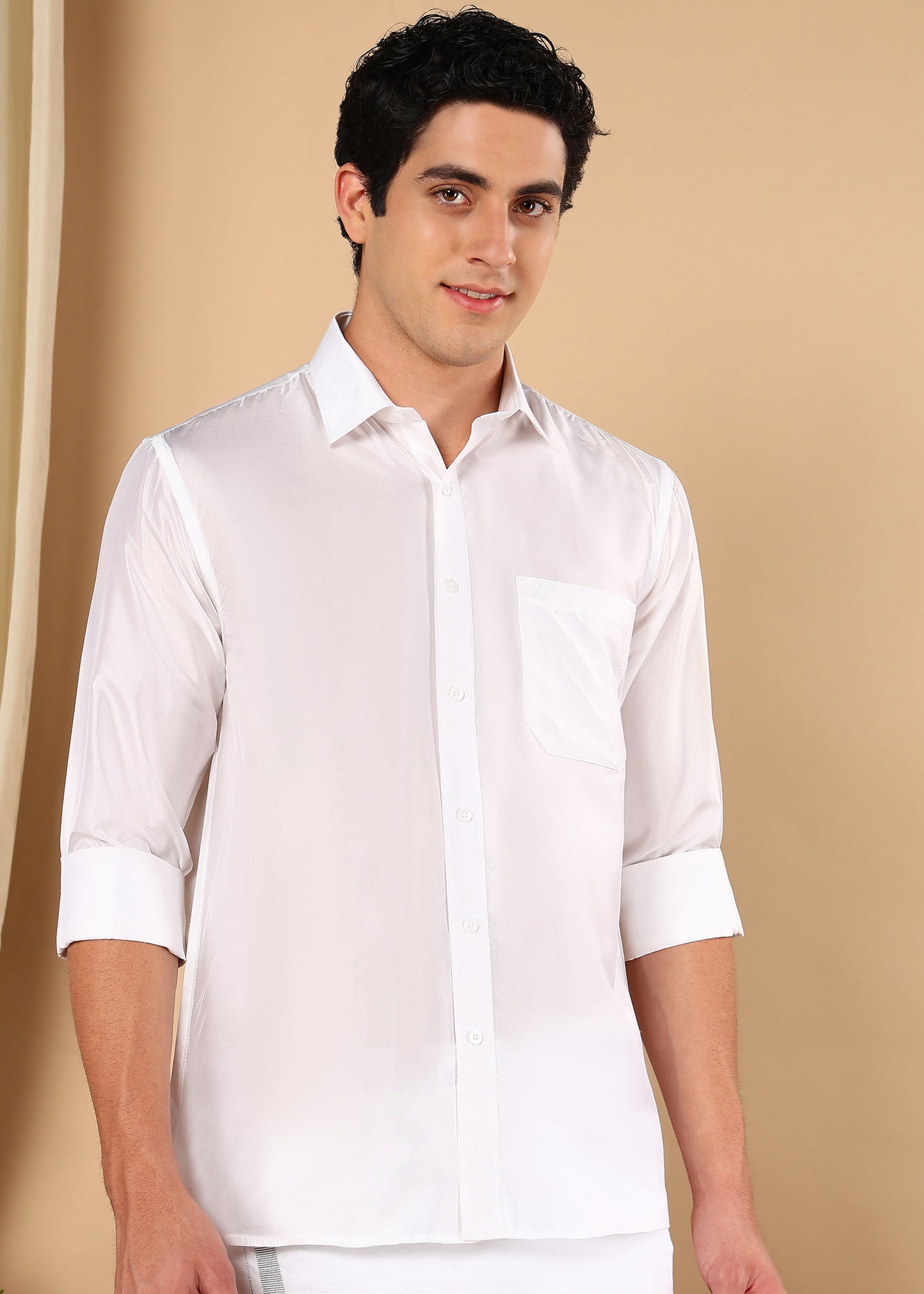 Tattva Men White Pure Silk Solid Opaque Shirt