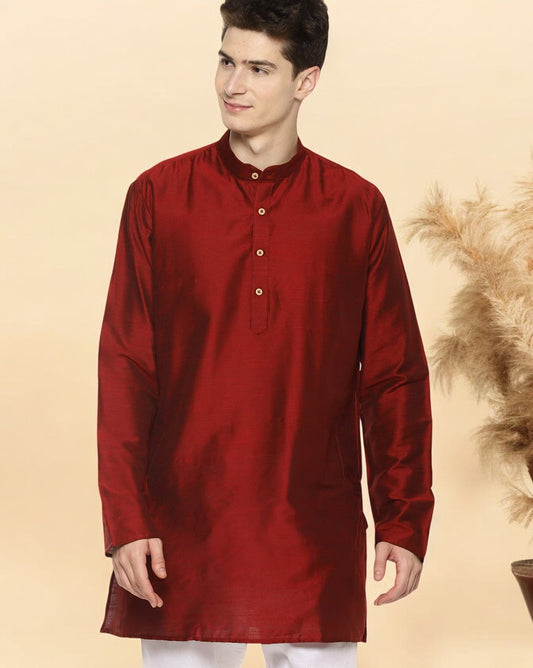 Maroon Cotton Solid Straight Short Kurta