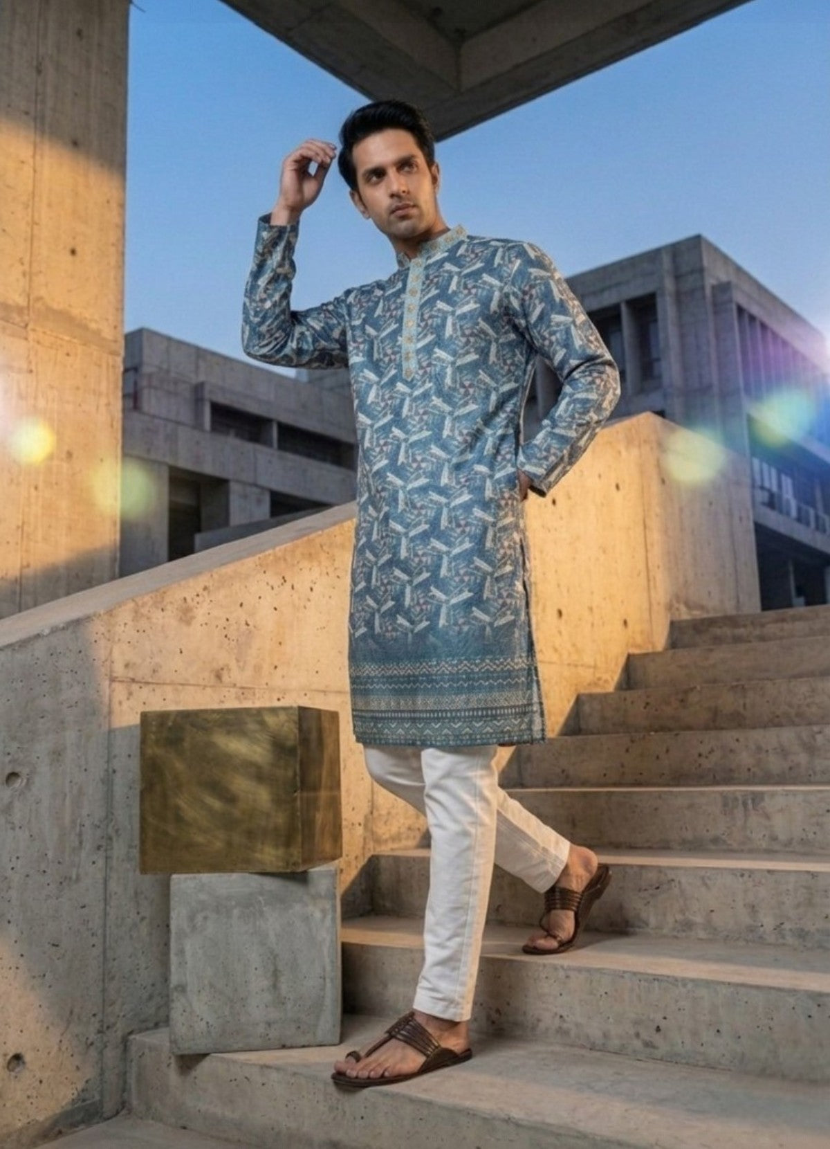 Tattva Woven Diamond Motif Blue Festive Kurta Set