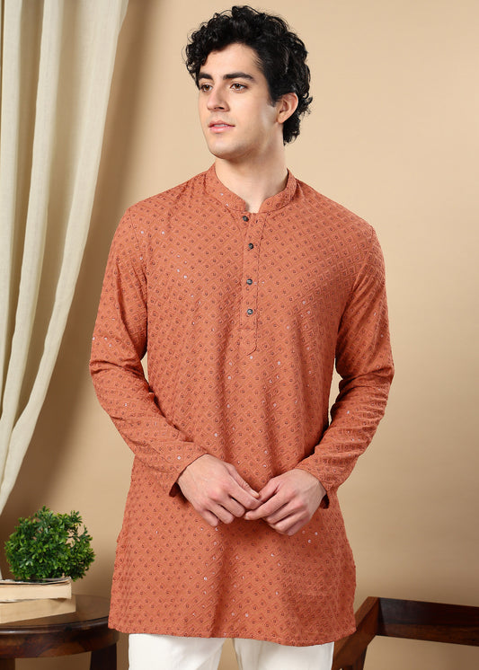 Tattva Rust Toned Embroidered Short Kurta