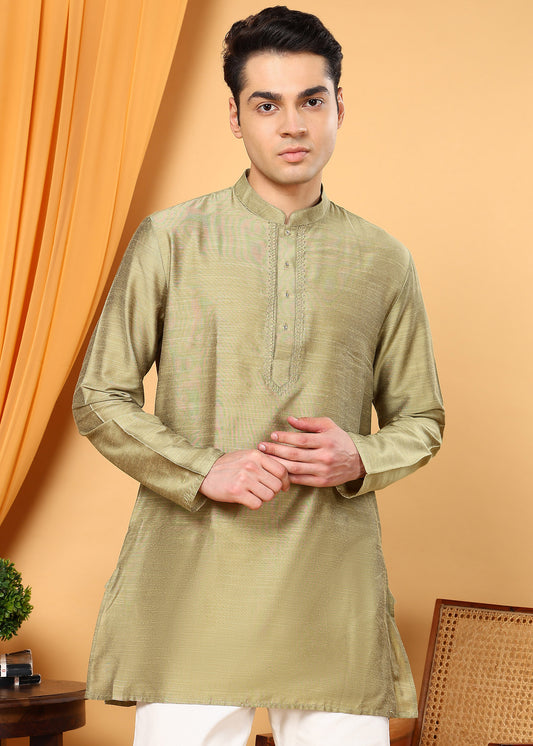 Tattva Men Khaki Colored Embroidered Short Kurta