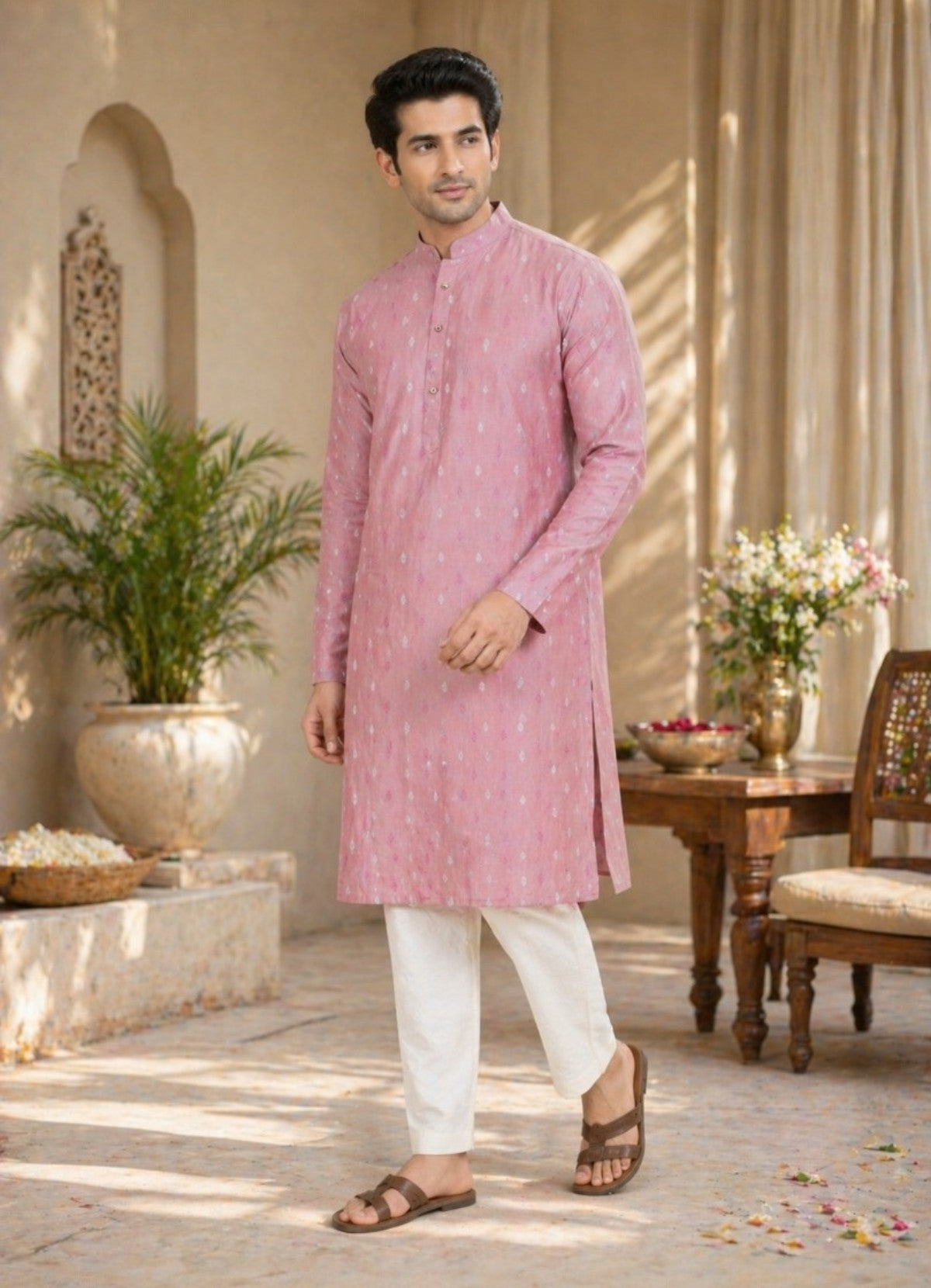 Tattva Men Dusty Pink Embroidered Cotton Silk Kurta with Pyjamas