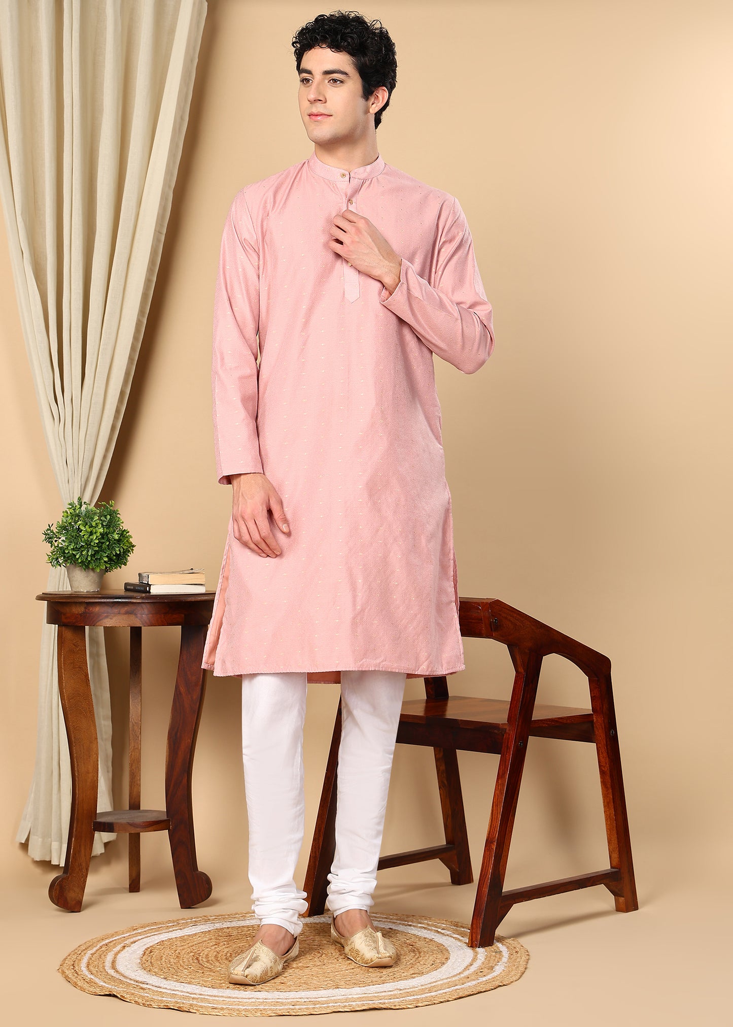 Tattva Woven Design Band Collar Embellished Straight Kurta