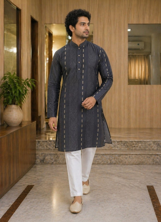 Tattva Men Navy Blue Embroidered Cotton Silk Kurta with Pyjamas