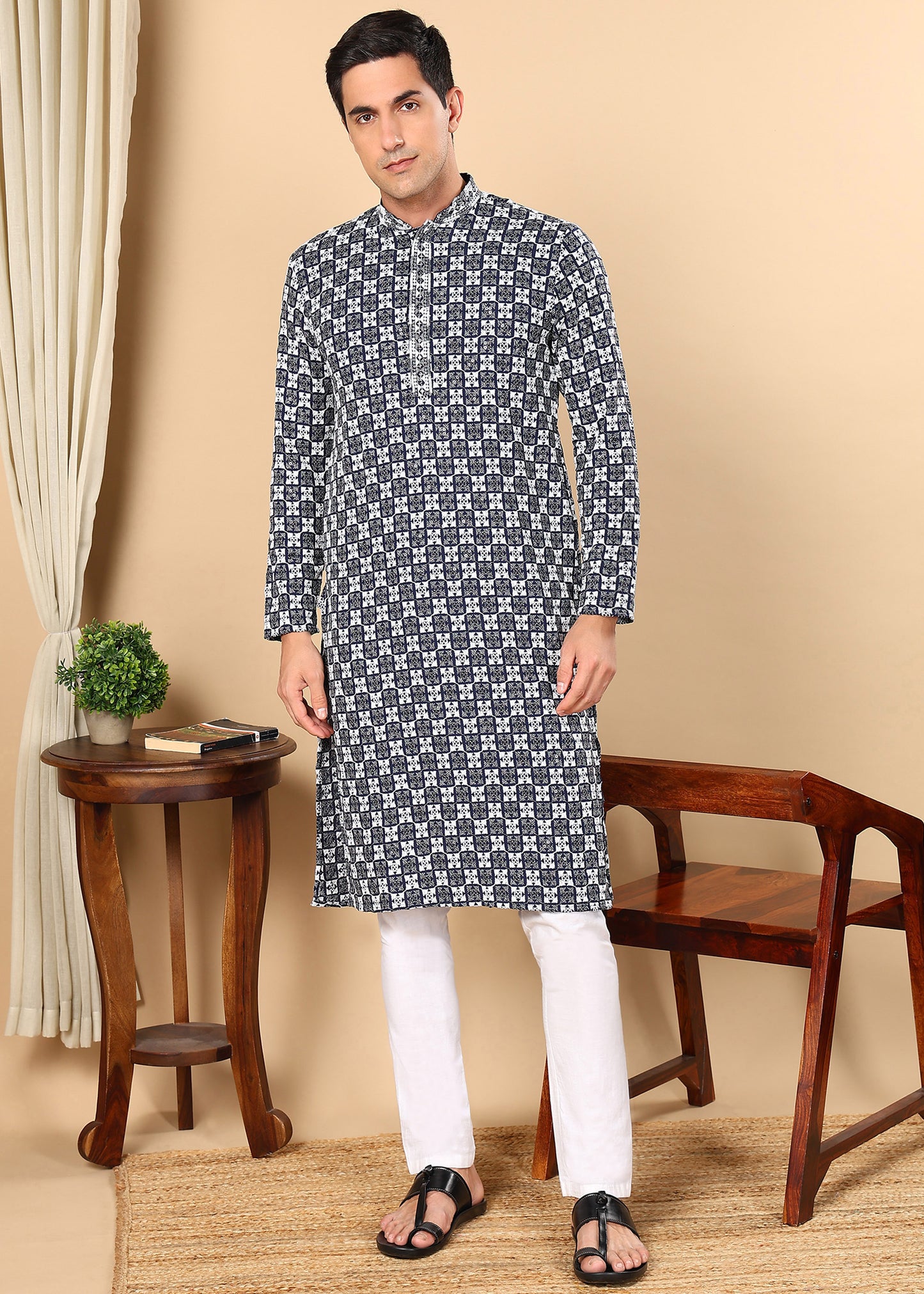 Tattva Men Woven Design Polyester Straight Kurta Set