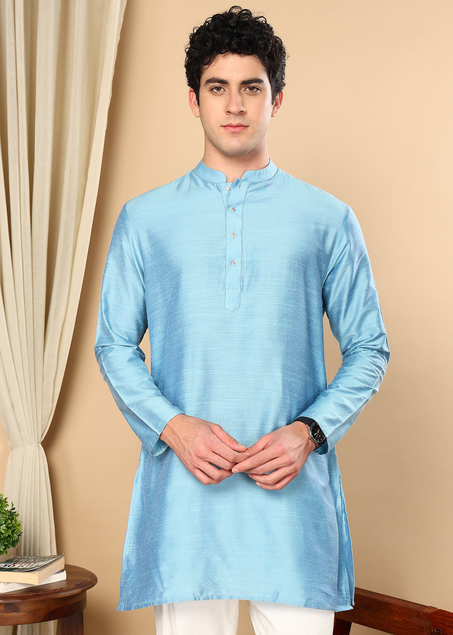 Tattva Sky Blue Solid Short Straight Kurta