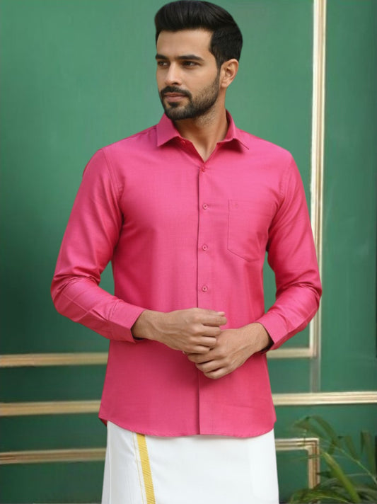 Pink Polyester Slim Fit Solid Party Shirt
