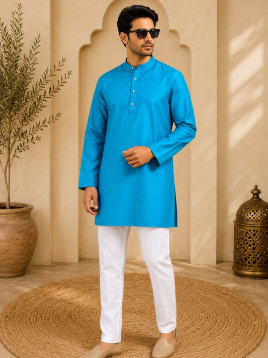 Tattva Men Solid Pure Cotton Short Kurta with Mandarin Collar
