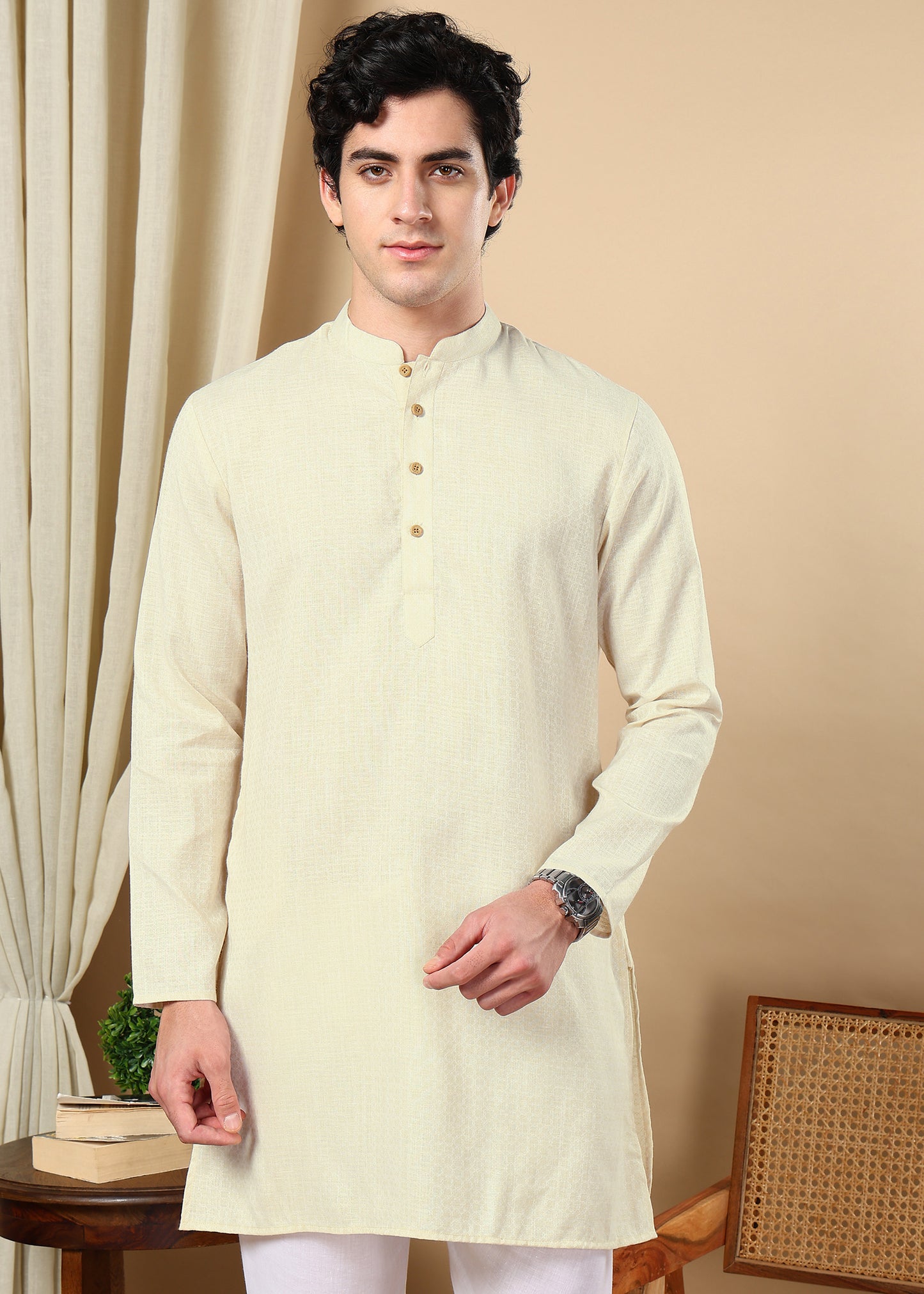 Tattva Beige Toned Woven Design Short Kurta