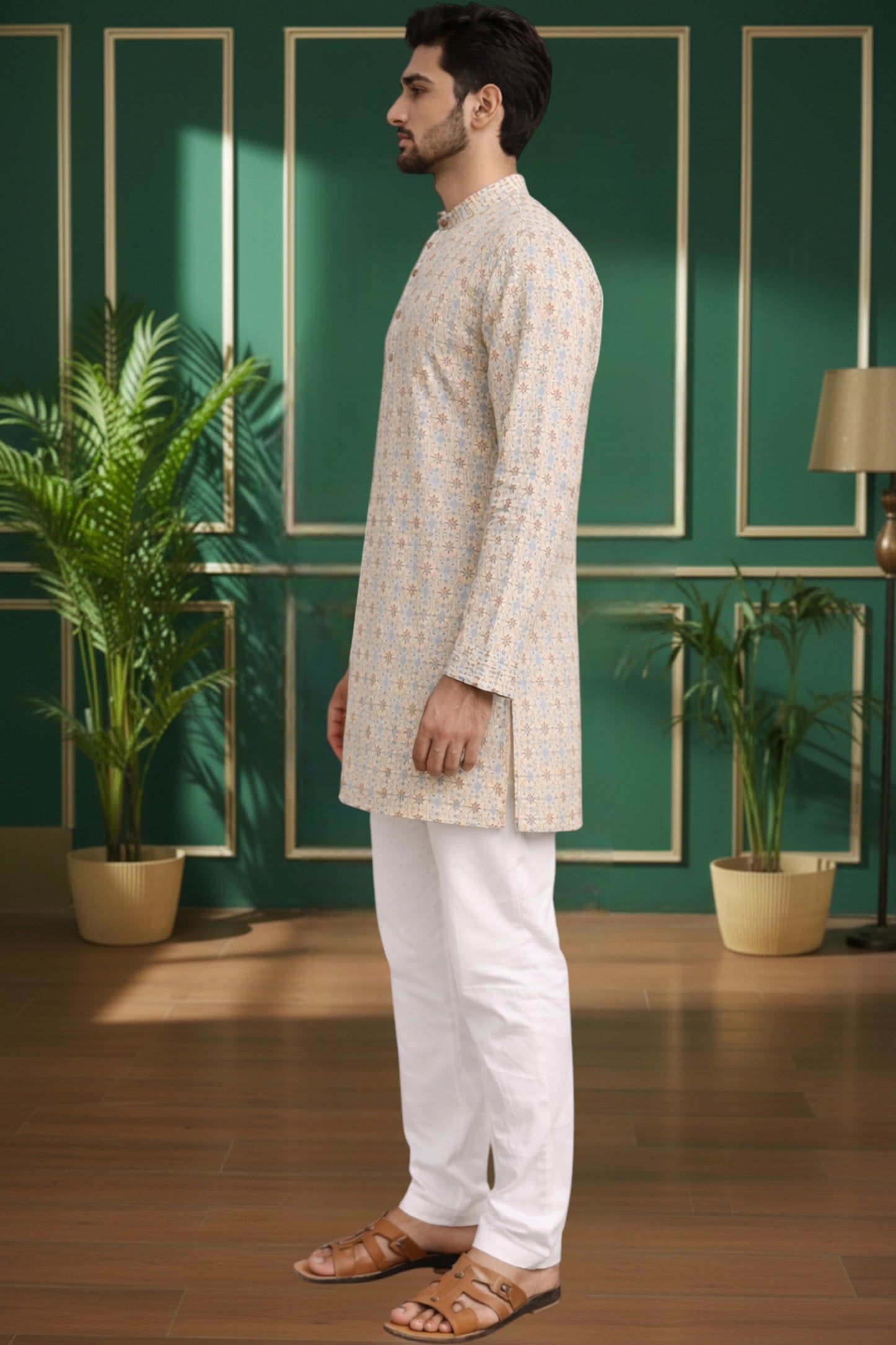 Tattva Men Striped Mandarin Collar Cotton Straight Short Kurta