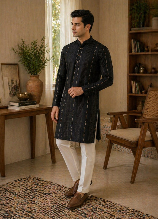 Tattva Men Black Embroidered Cotton Silk Kurta with Pyjamas