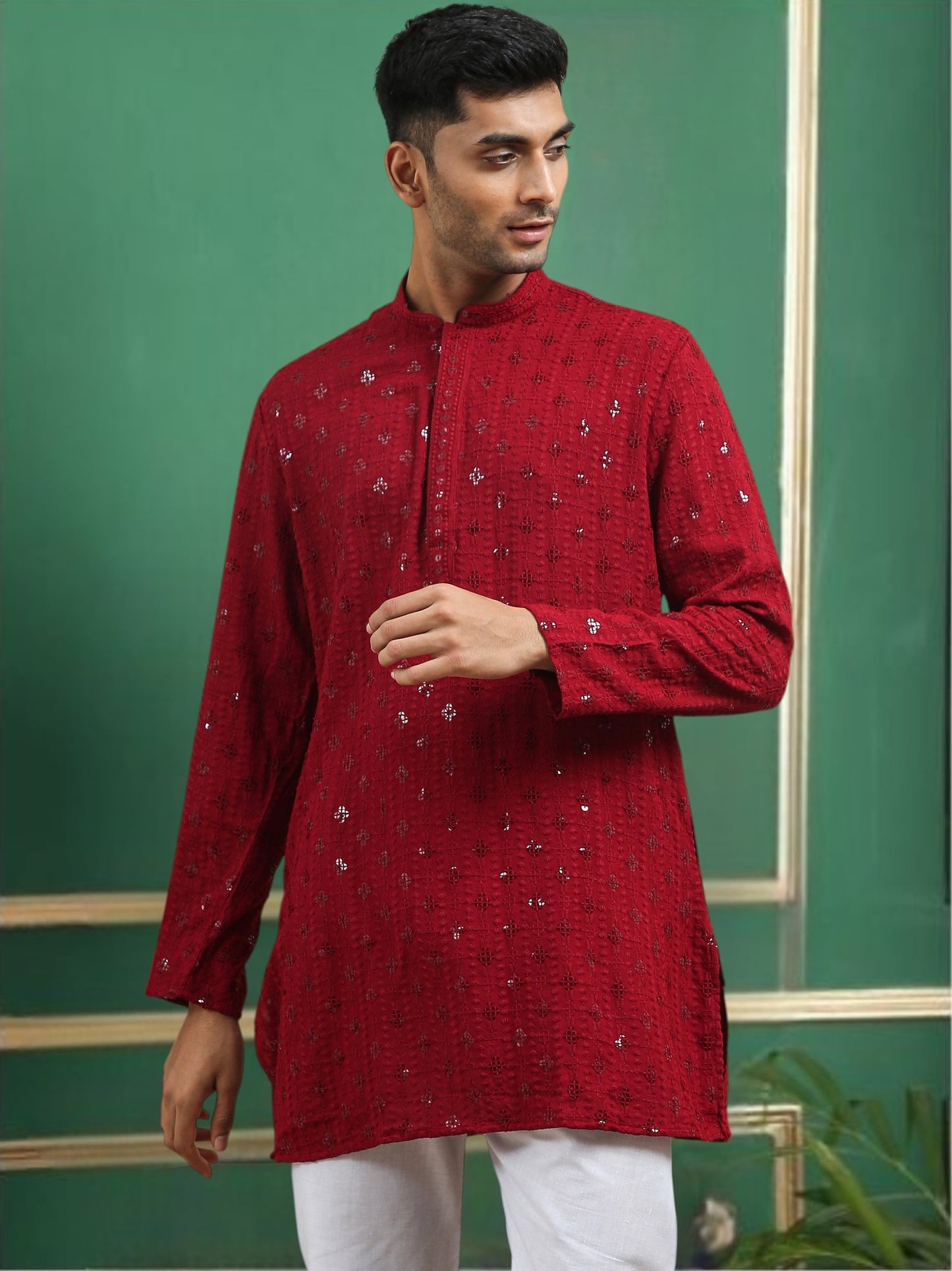 Tattva Maroon Toned chikankari Cotton Short Kurta