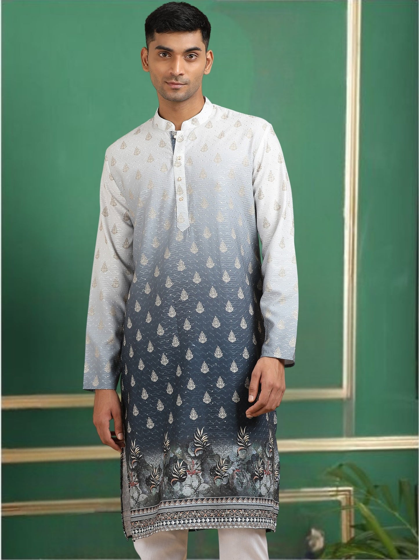 Tattva Men Ethnic Motifs and Daman Printed Sequence Threadwork Kurta Pyjama Set