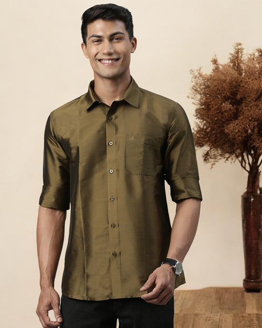 Olive Polyester Slim Fit Solid Shirt