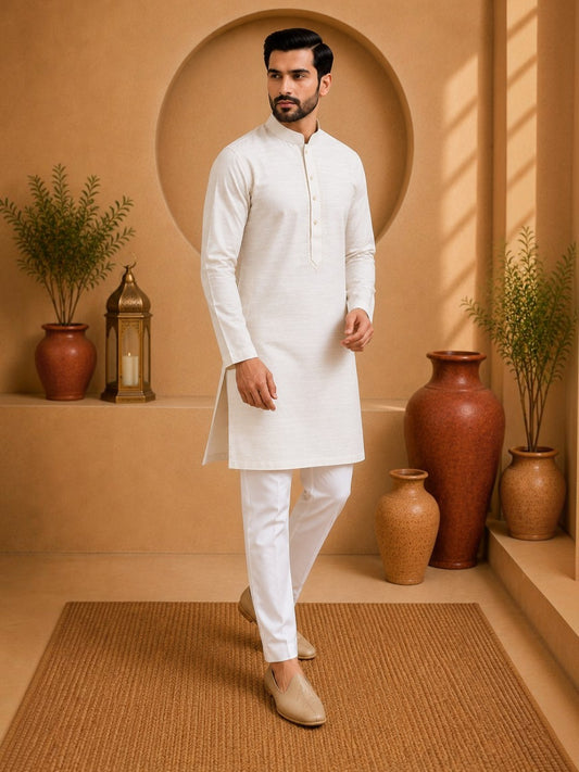 Tattva Men White Colored Embroidered Short Kurta
