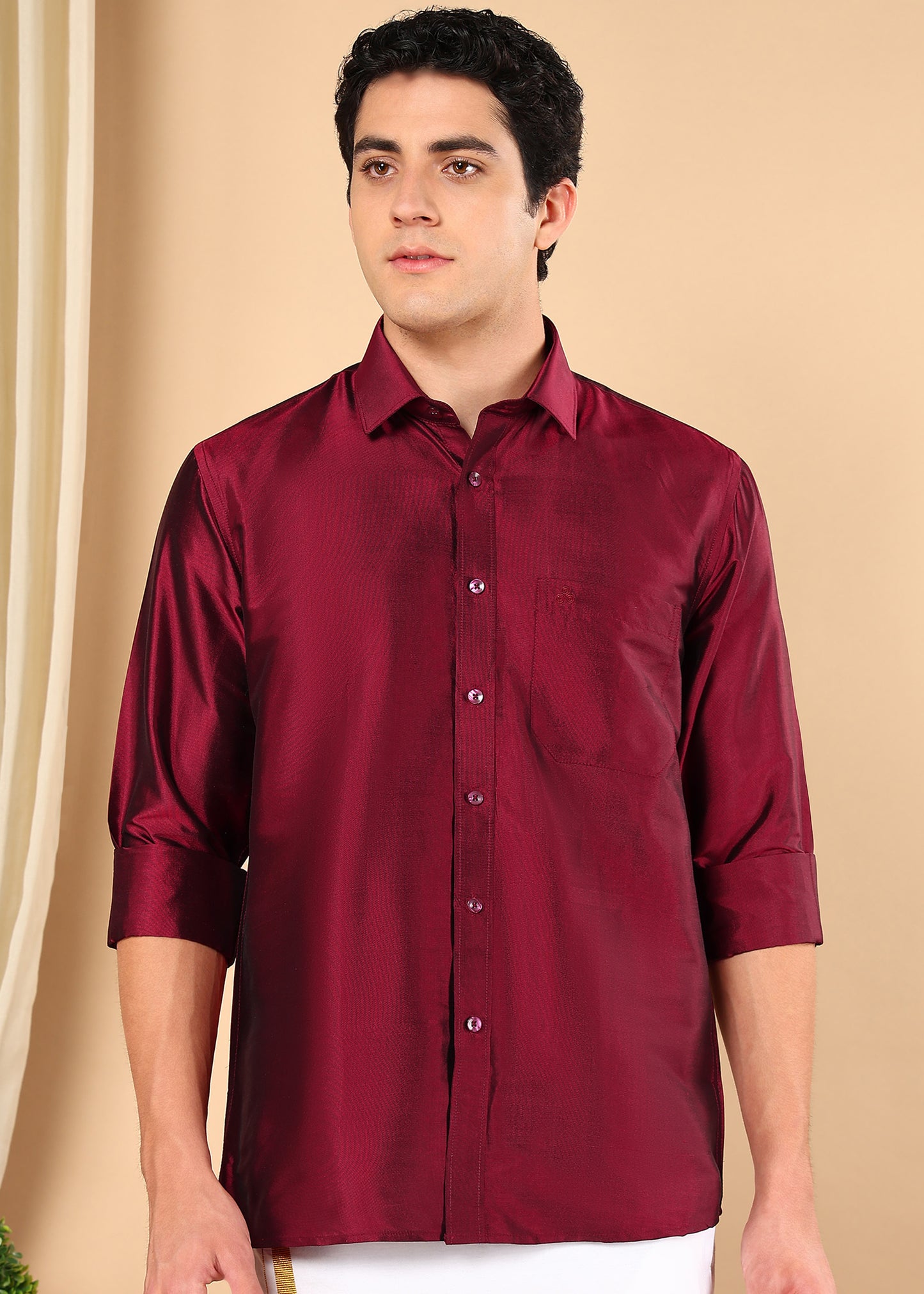 Tattva Men Maroon Toned Pure Silk Solid Opaque Shirt