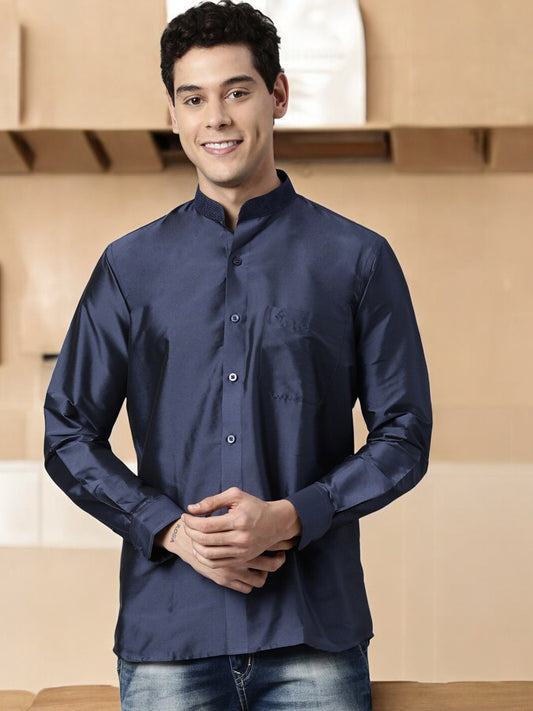 Navy Blue Color Art Silk Slim Fit Solid Party Shirt