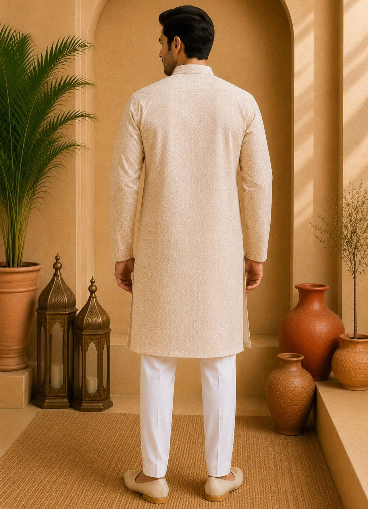Tattva Men Beige Floral Woven Design Kurta Pyjama