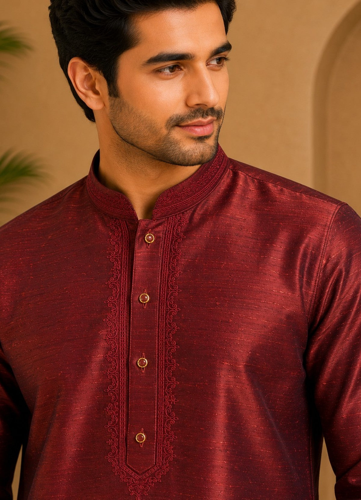Tattva Rust Mandarin Collar Thread Work Pure Silk Straight Short Kurta