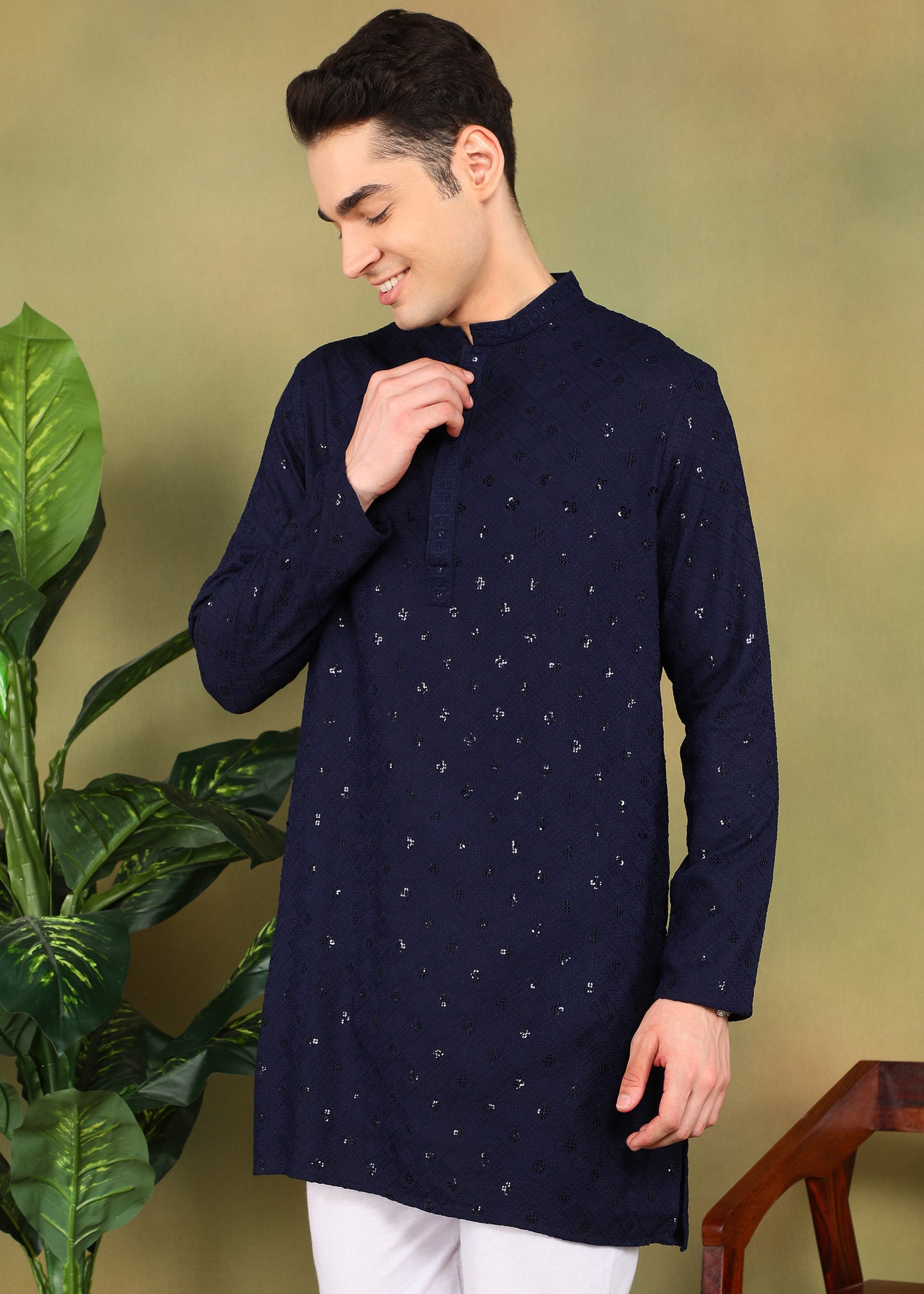 Tattva Men Navy Blue Short Kurta
