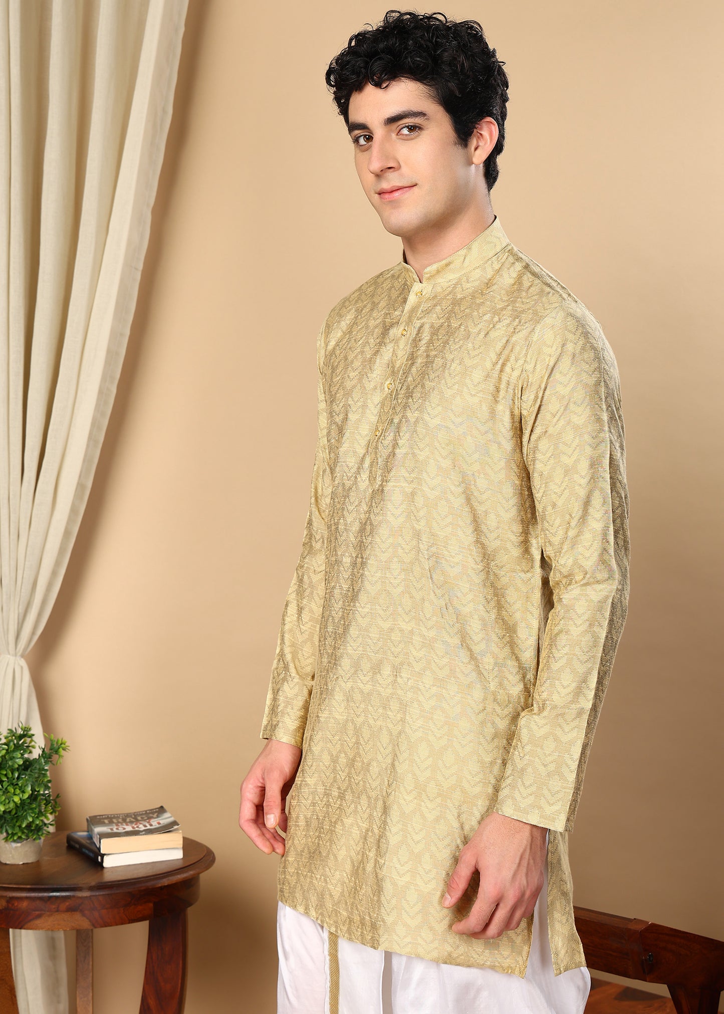 Tattva Beige Self Design Short Kurta