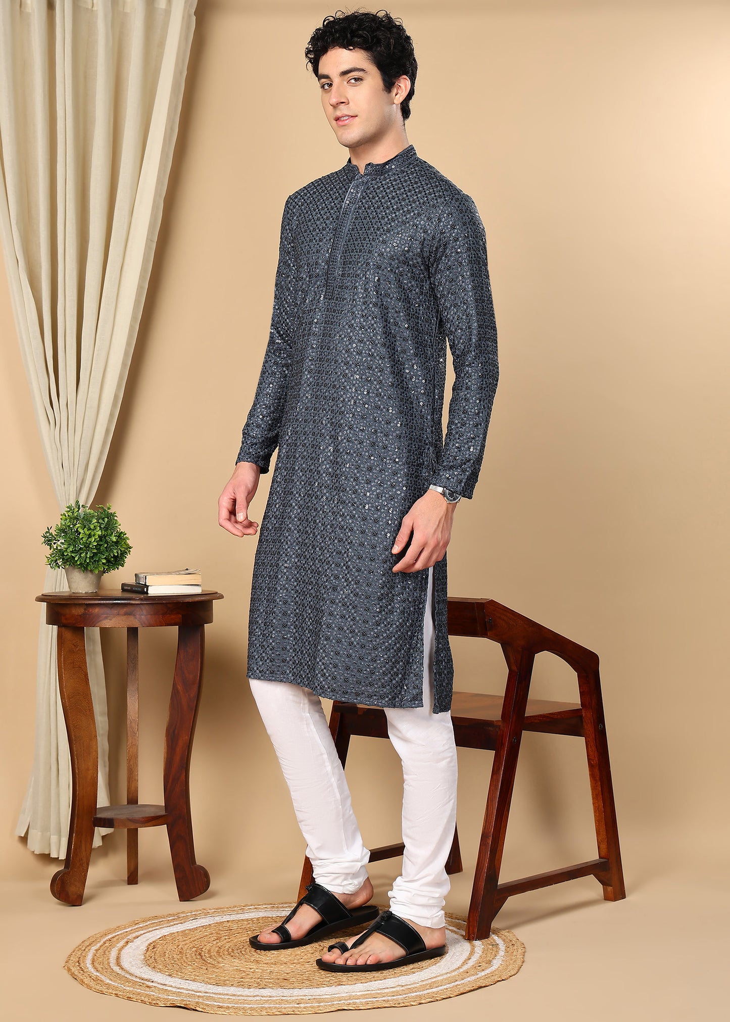 Tattva Embroidered Thread Work Mandarin Collar Straight Kurta