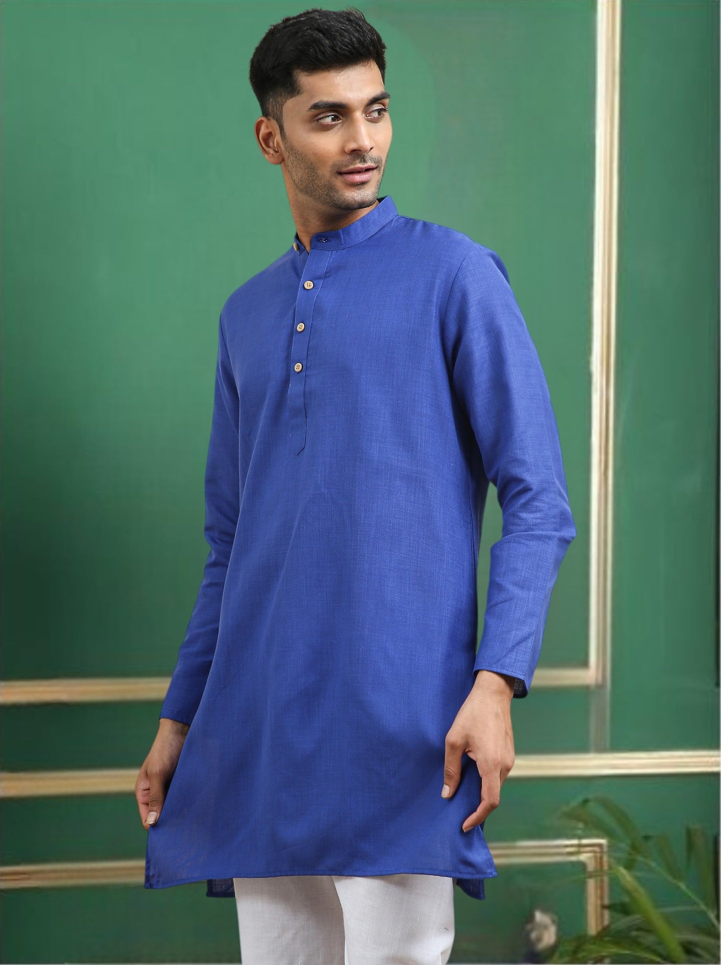 Tattva Navy Blue Toned Solid Cotton Short Kurta
