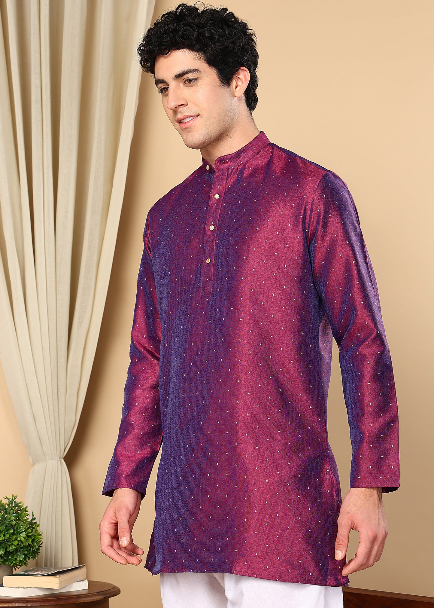 Tattva Geometric Printed Mukaish Work Mandarin Collar Straight Kurta