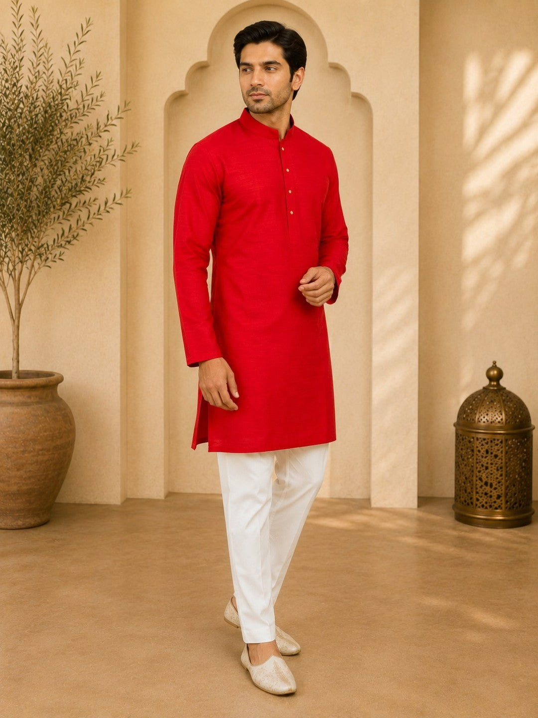 Tattva Red Toned Embroidered Cotton Short Kurta
