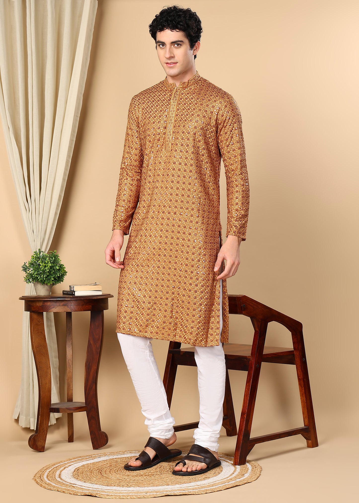 Tattva Embroidered Thread Work Mandarin Collar Straight Kurta