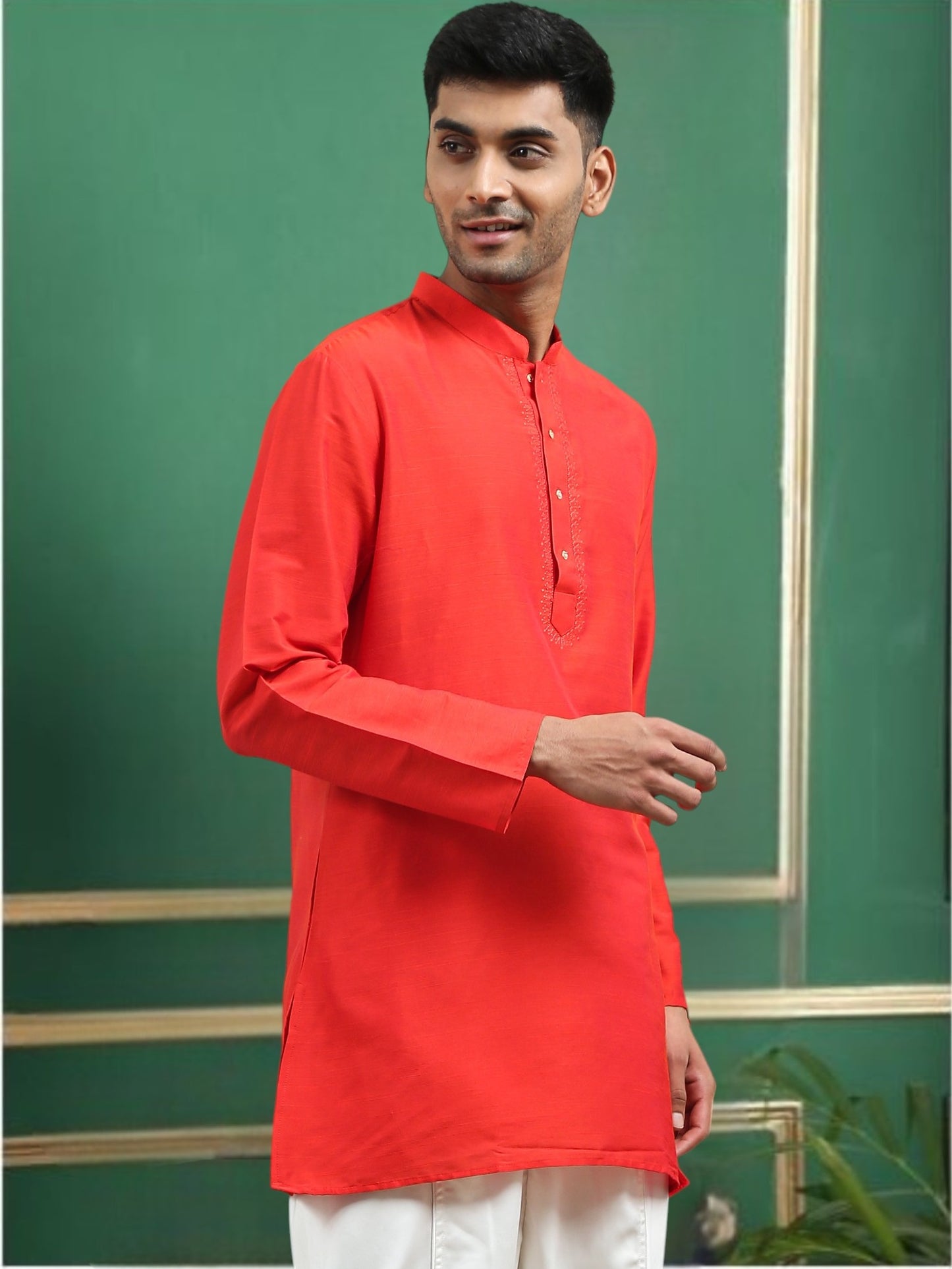 Tattva Red Toned Embroidered Cotton Short Kurta