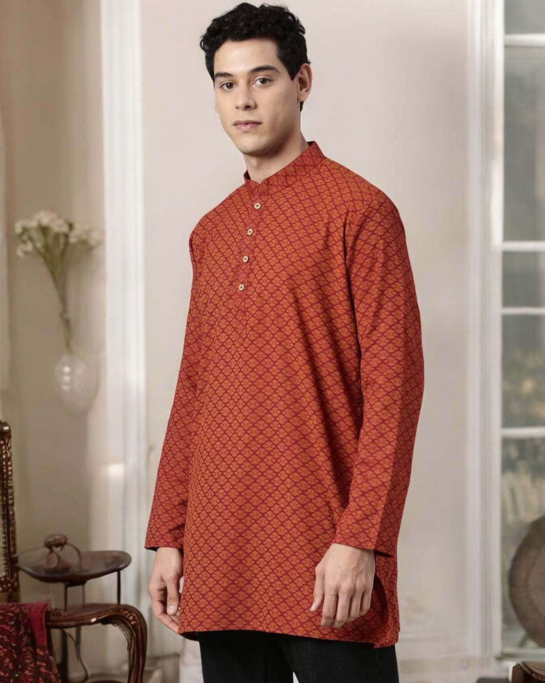 Tattva Men Maroon Geometric Print Cotton Blend Straight Kurta