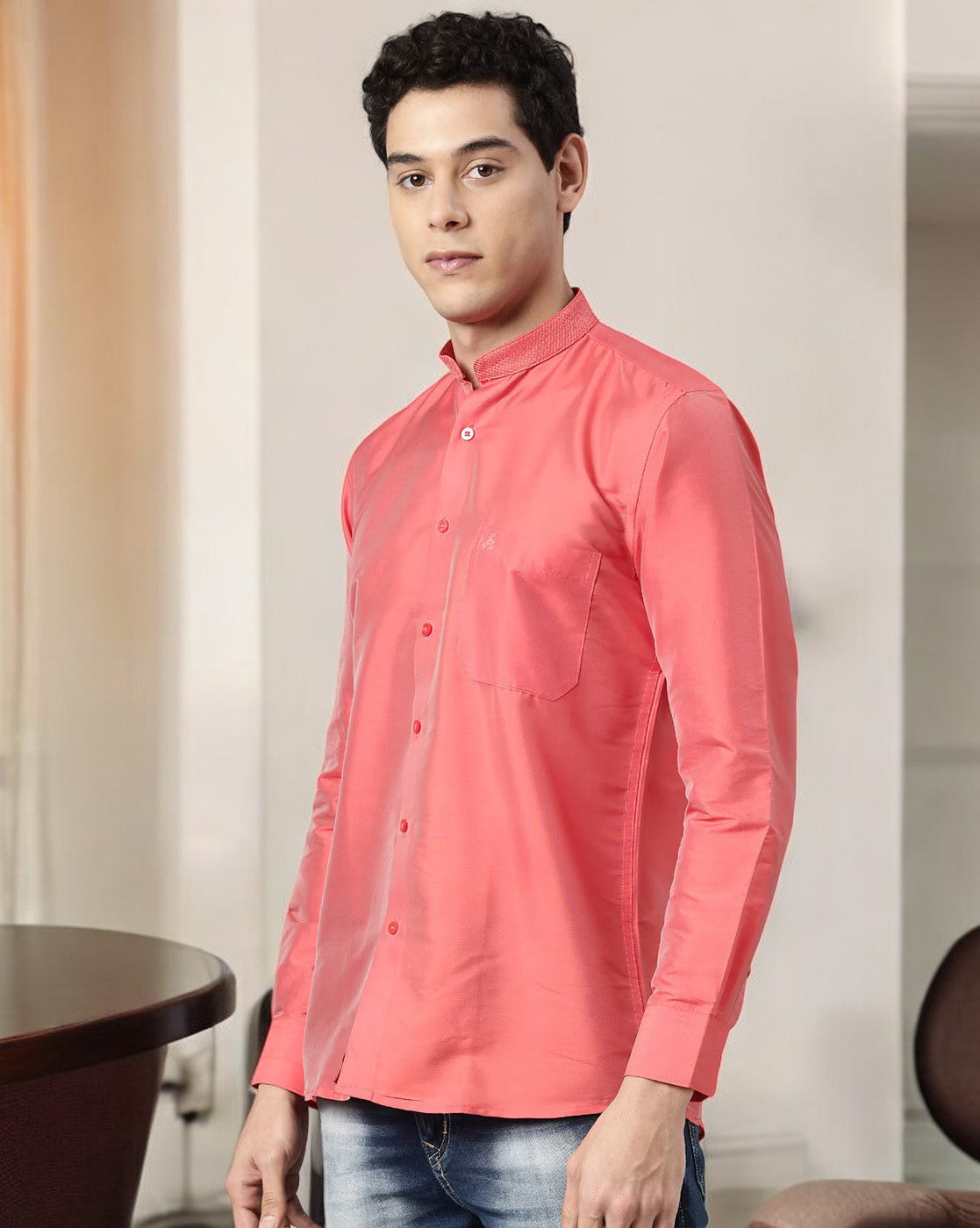 Peach Color Art Silk Slim Fit Solid Party Shirt