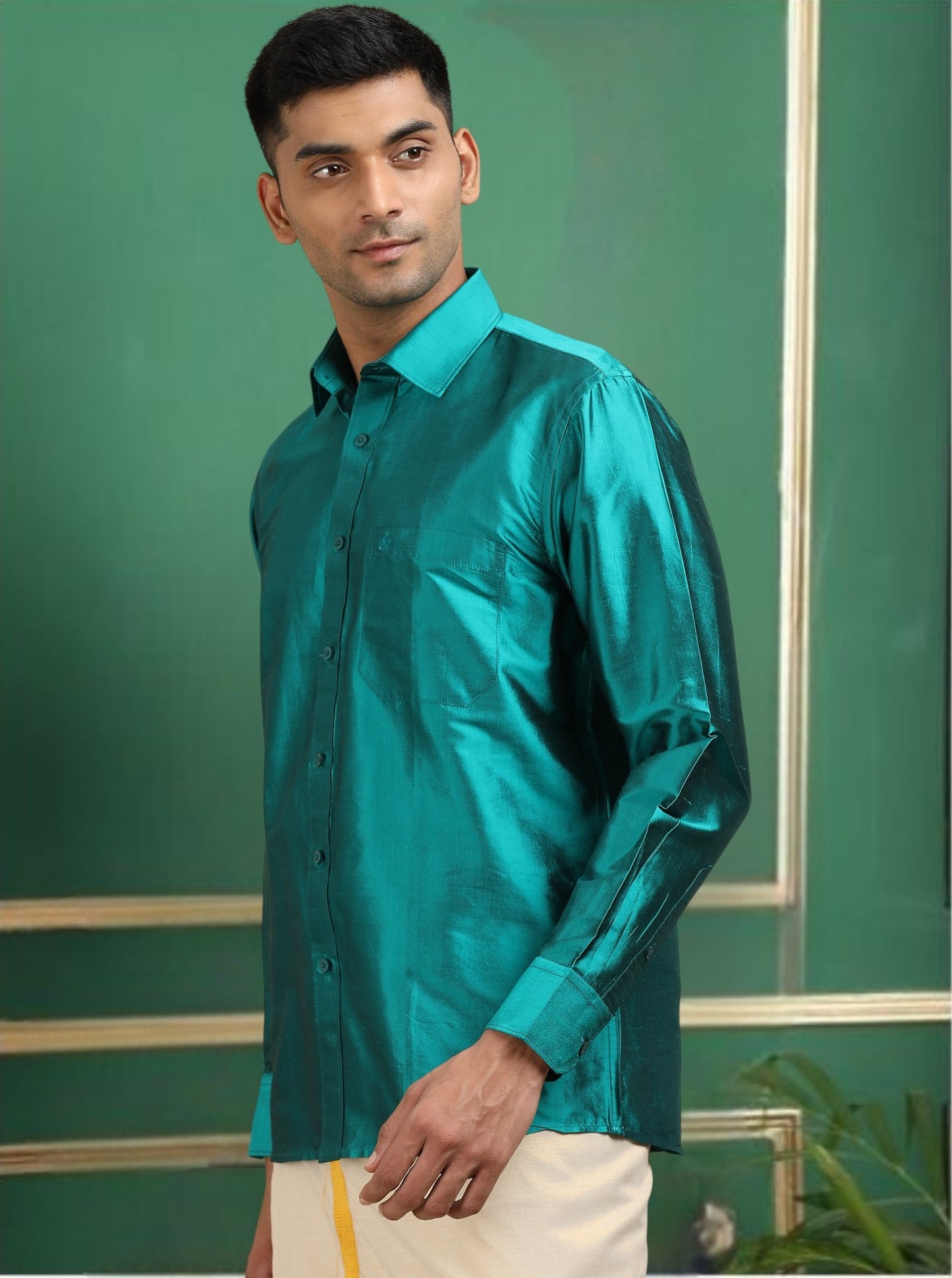 Tattva Men Sea Green Toned Pure Silk Shirt