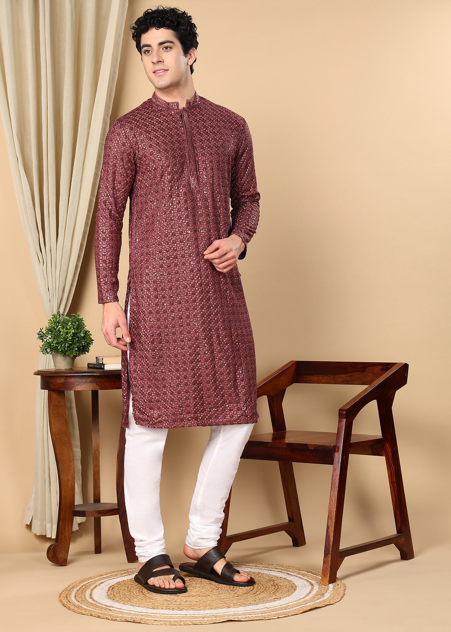 Tattva Floral Embroidered Sequined Mandarin Collar Straight Kurta