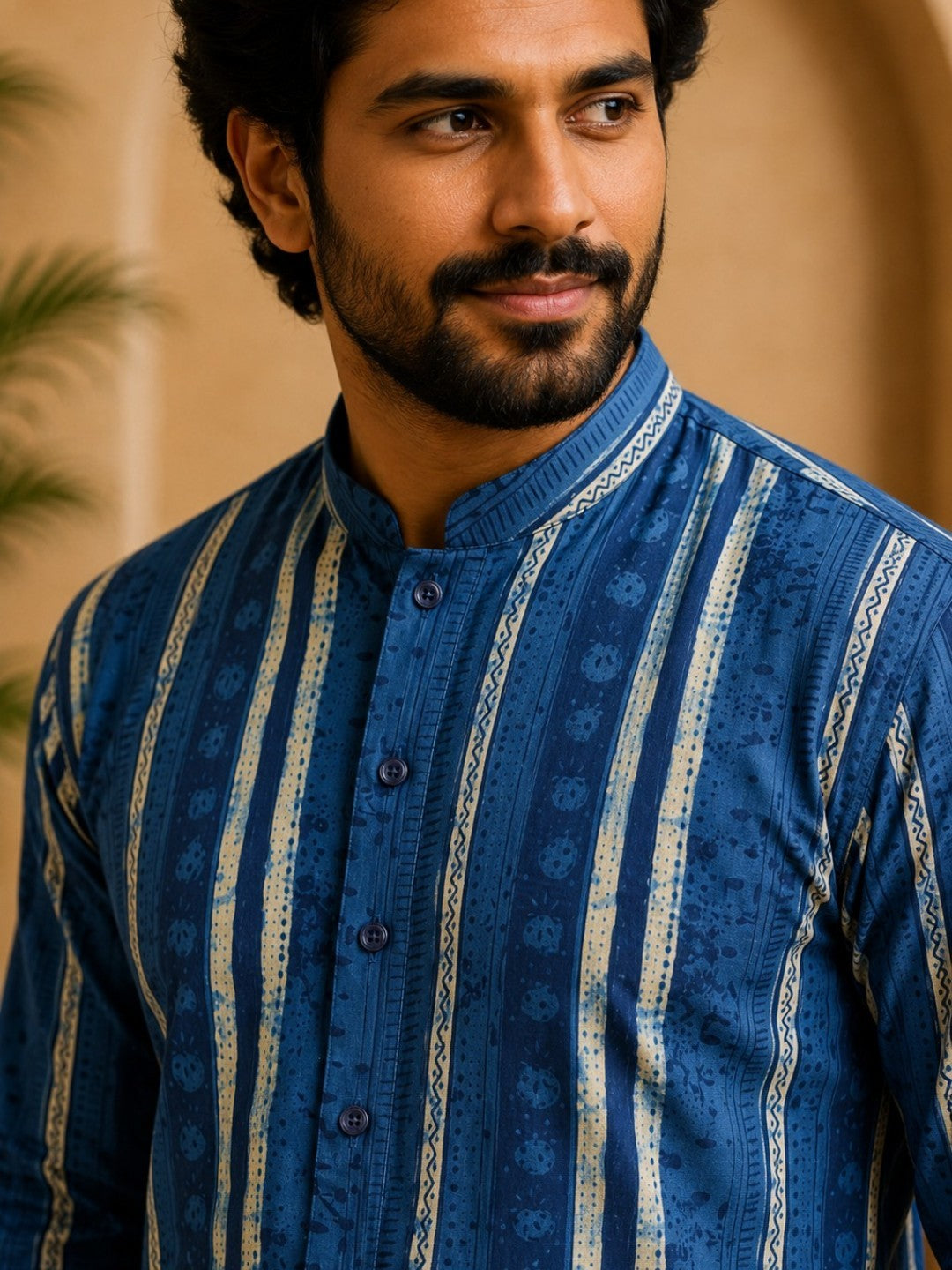 Tattva Men Blue Stripes Printed Super Short Kurta