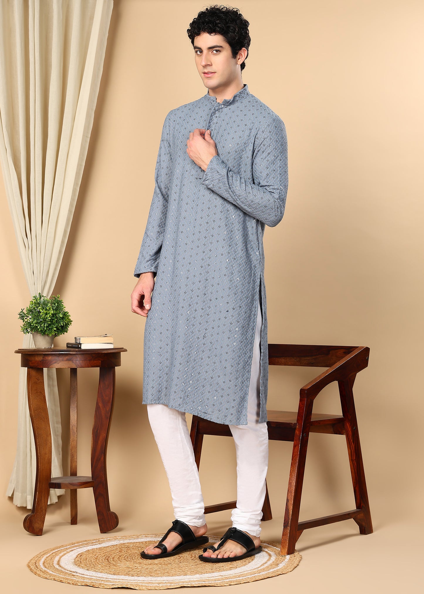 Tattva Floral Embroidered Sequined Mandarin Collar Straight Kurta