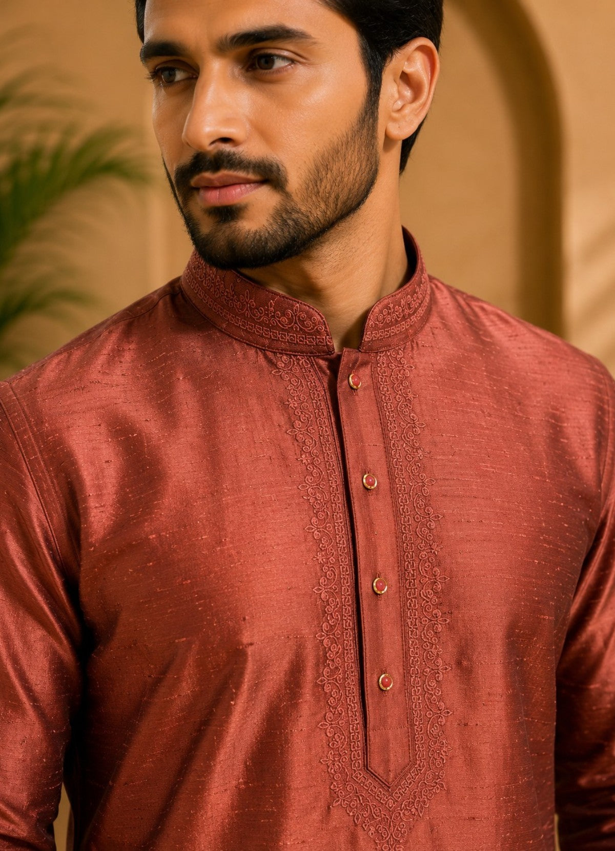 Tattva Men Thread Work Mandarin Collar Silk Straight Kurta