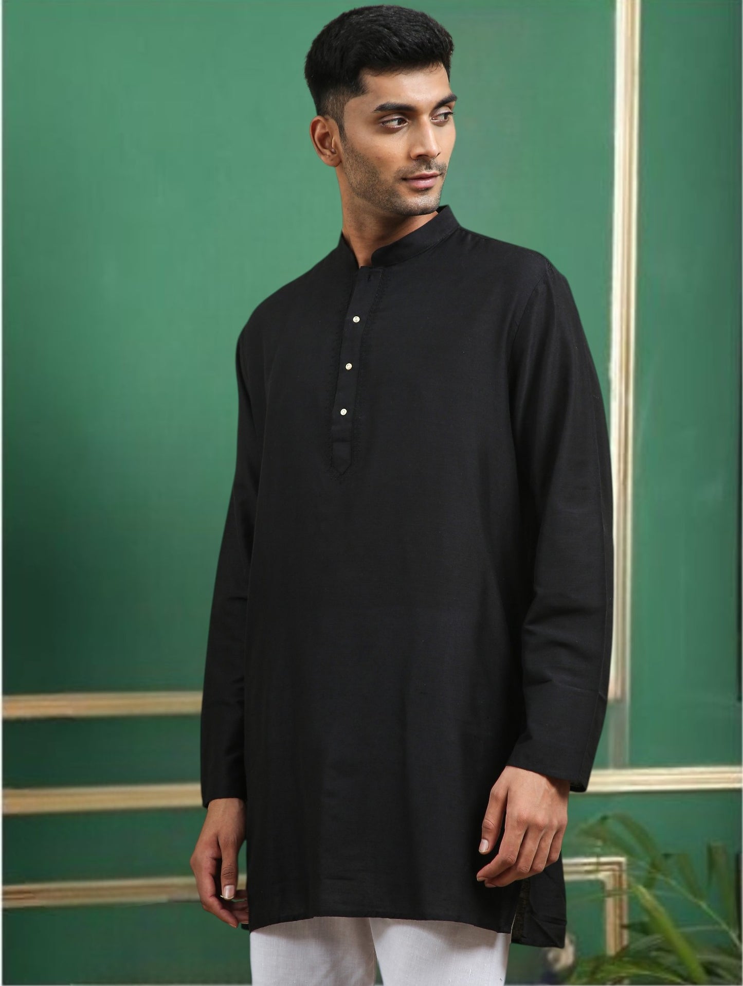 Tattva Black Toned Embroidered Cotton Short Kurta