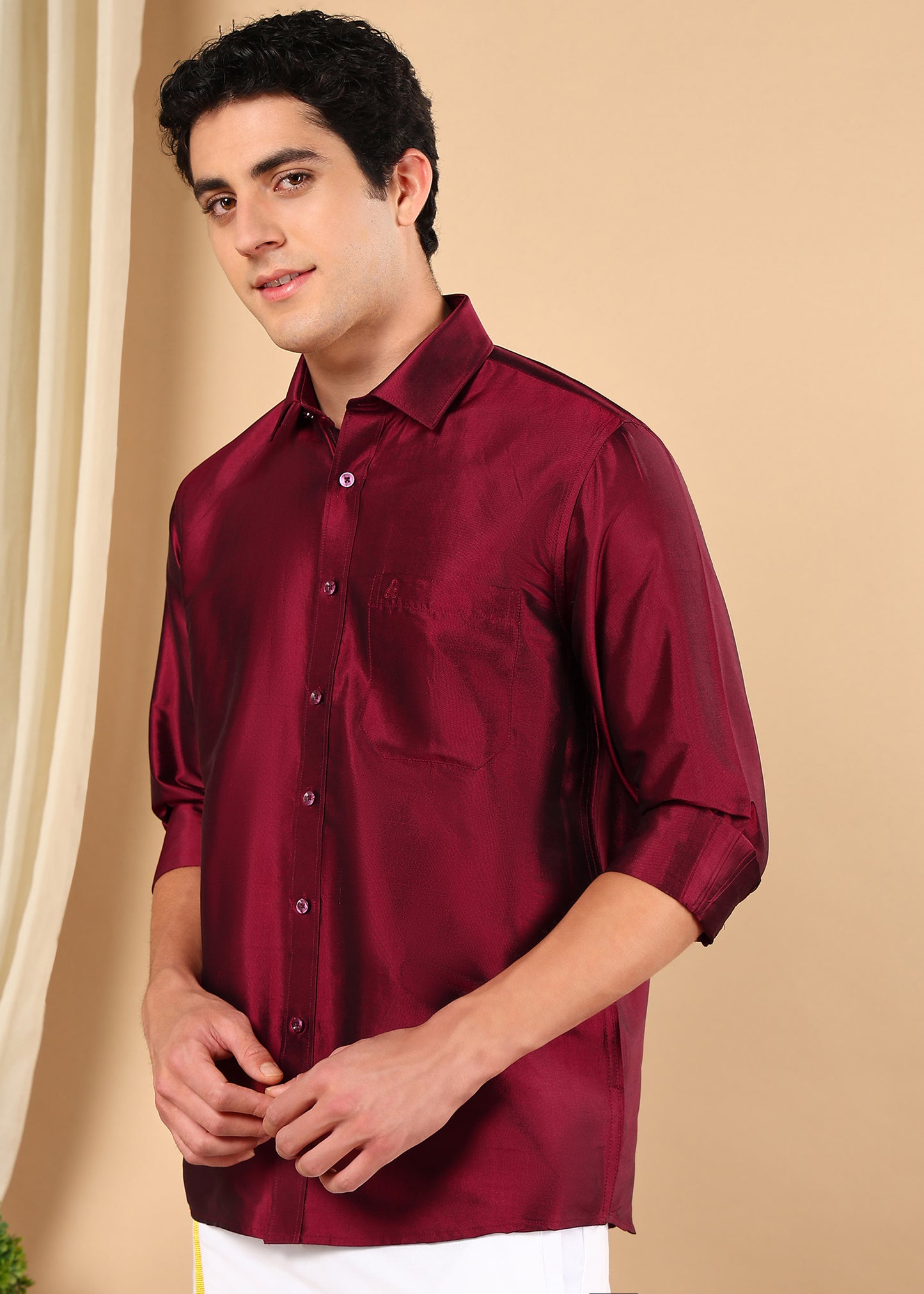 Tattva Men Maroon Toned Pure Silk Solid Opaque Shirt