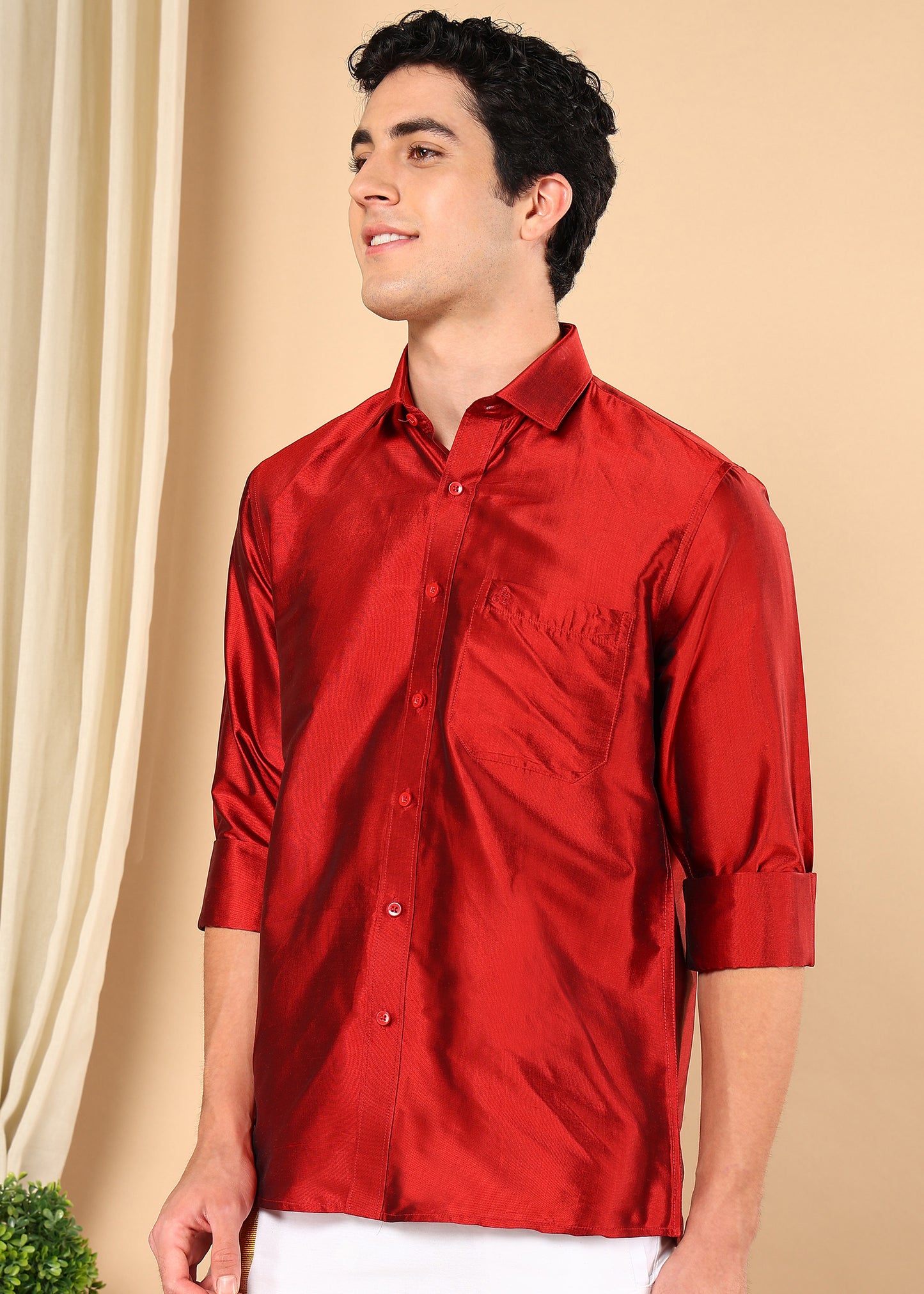 Tattva Men Cherry Red Pure Silk Solid Opaque Shirt