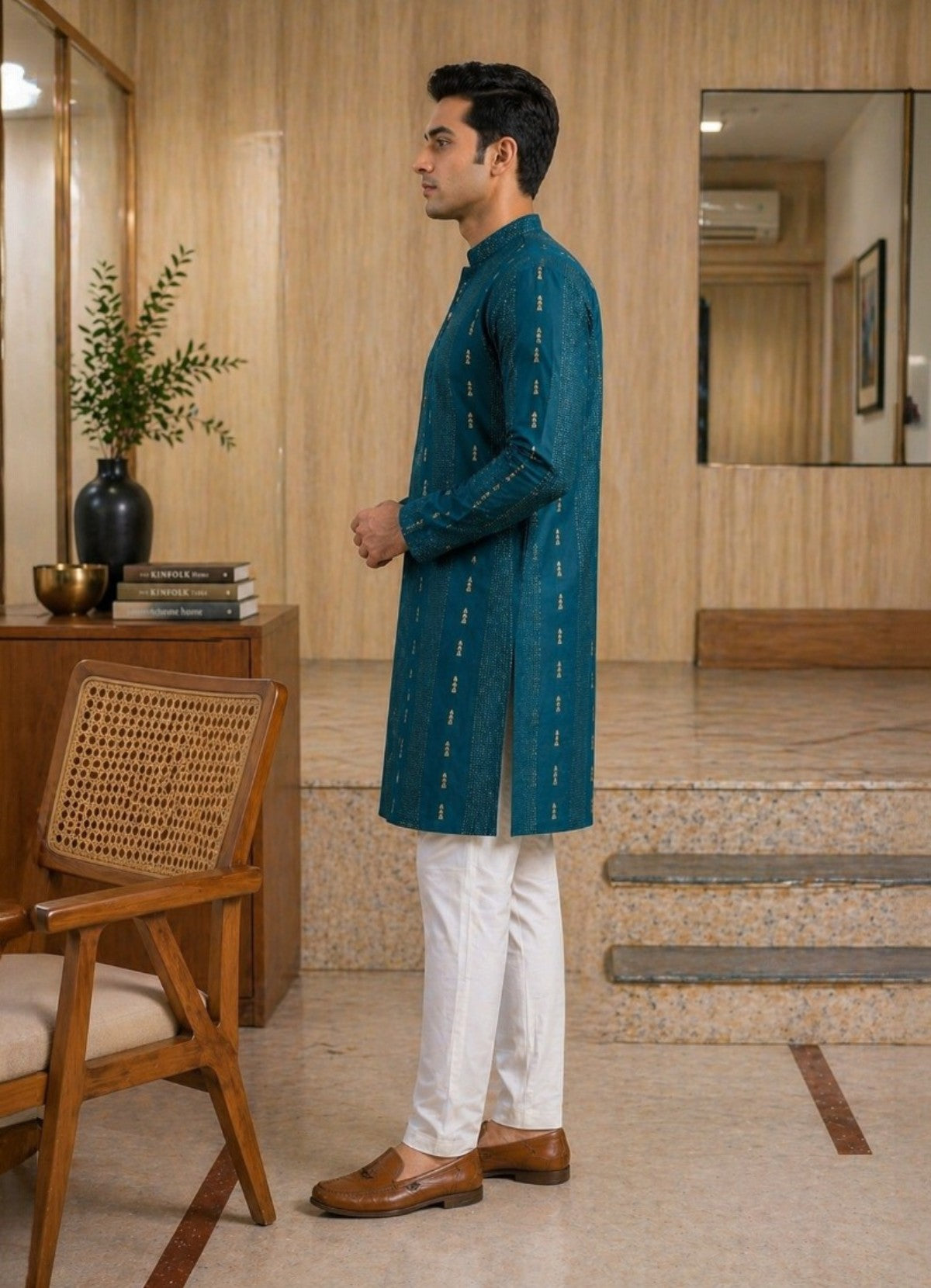 Tattva Men Peacock Blue Embroidered Cotton Silk Kurta with Pyjamas