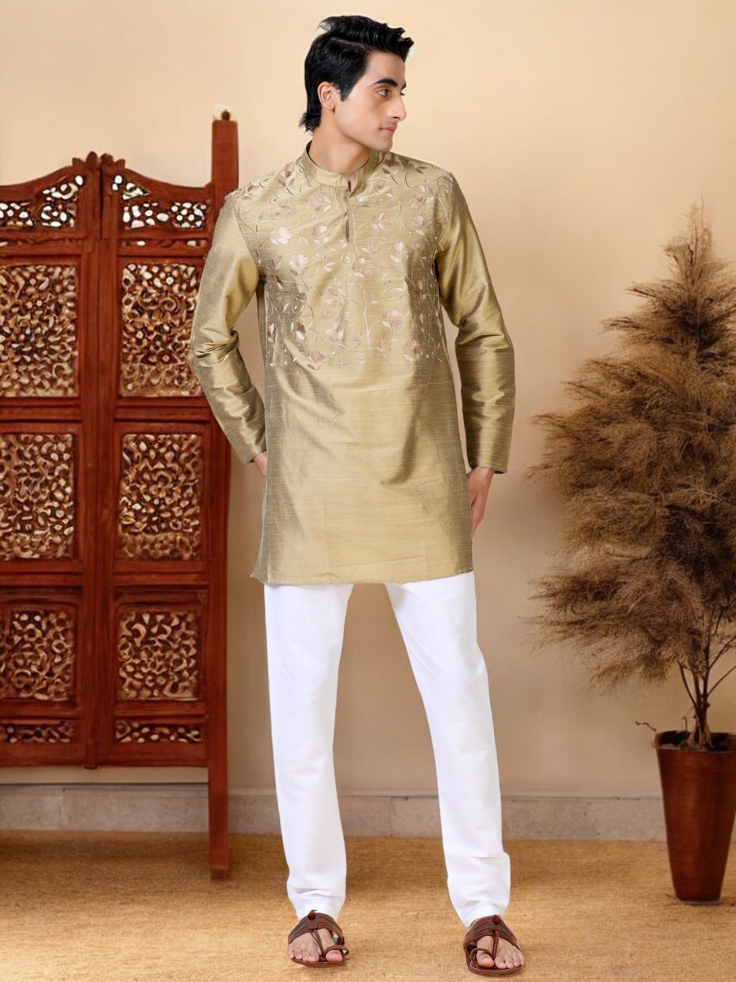 Tattva Men Embroidered Cotton Blend Asymmetric Kurta